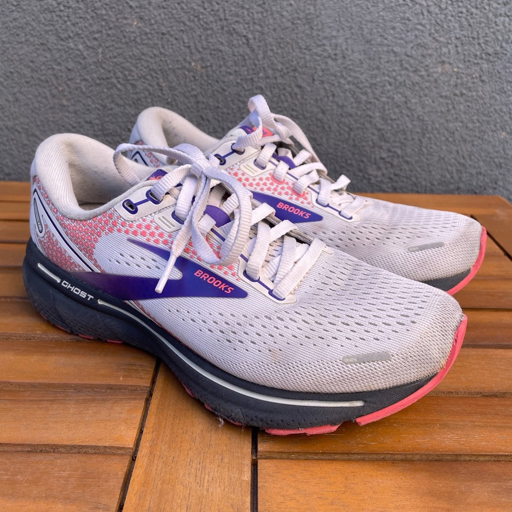 Brooks Women's Ghost 14 Neutral Running Shoe - White/Purple/Coral